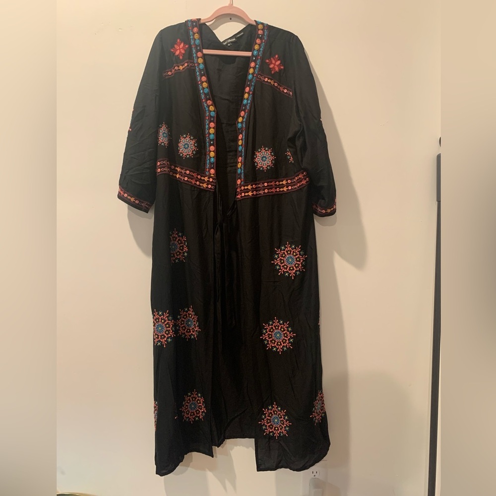 Tolani Black Cotton Kimono with Multicolor Embroidery